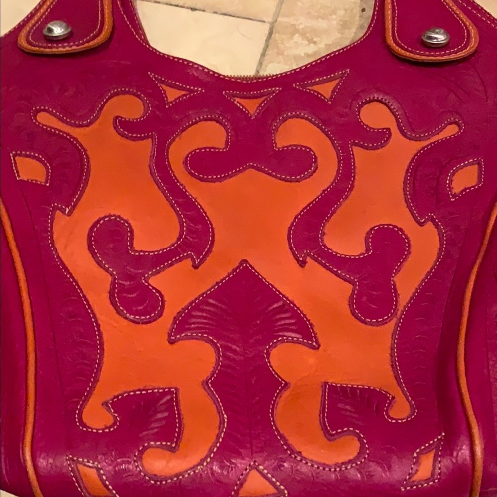 Pink and orange tooled leather bag - Picture 4 of 5